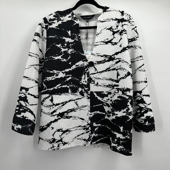 Ming Wang Jacket Womens Medium Black White Abstract Textured Button Front Blazer - Picture 1 of 10